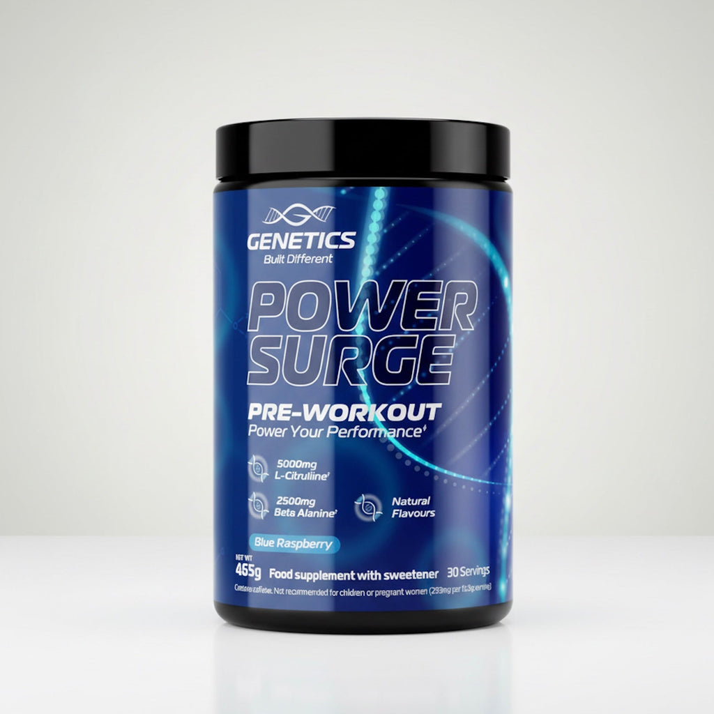 Blue container of Genetics Power Surge pre-workout supplement on a white background