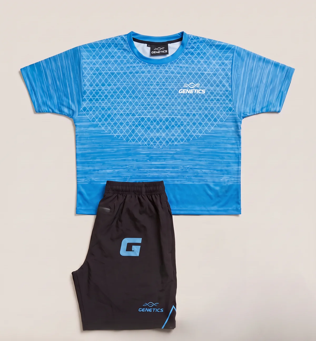 Genetics training kit, Blue: patterned tee and black shorts with blue G lettermark