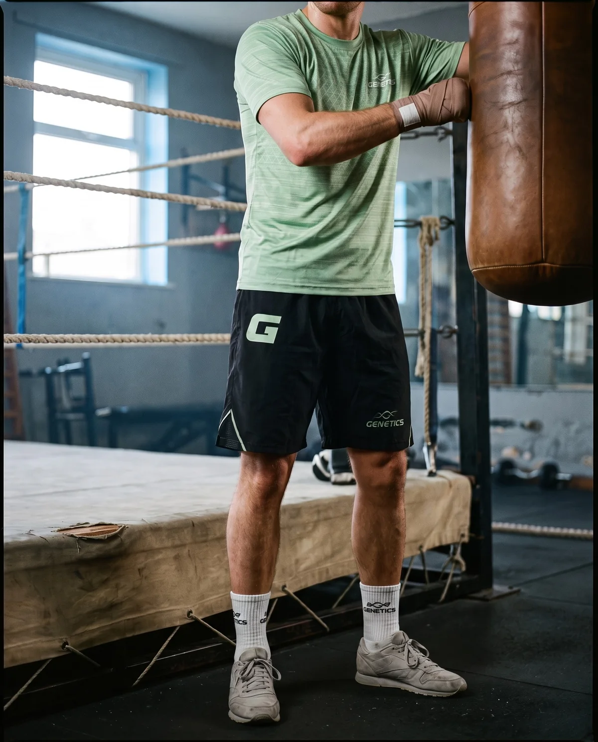 Genetics training kit, Green, worn in a boxing gym beside a heavy bag
